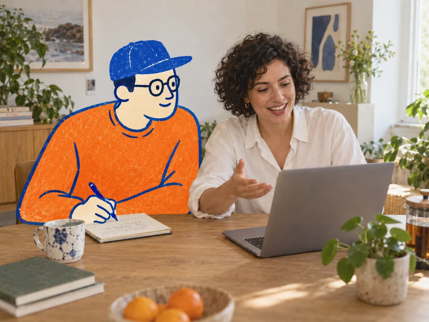 Illustrative scene: a product leader on a customer call with a hand-drawn partner taking notes.